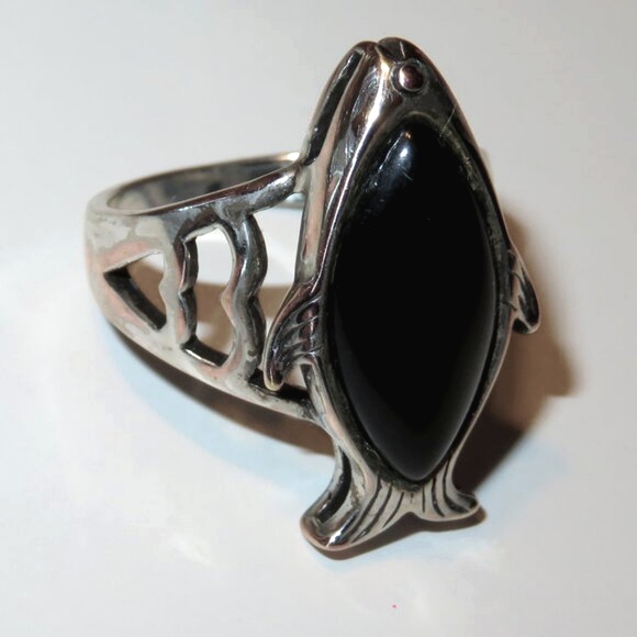 Large Textured Fish Black Onyx Sterling Silver Men Unisex Ring Size 10 - Picture 4 of 17